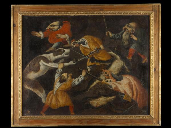 <p><strong><em>Scène de duel, avec gnomes et grotesques</em></strong>, <strong>Maître dit 'de la Fertilité de l'oeuf'</strong> (Italie, XVIII<sup>e</sup> siècle), peinture,&nbsp;Musée des Beaux-arts, ville de Dole © Jérôme Beg</p>
